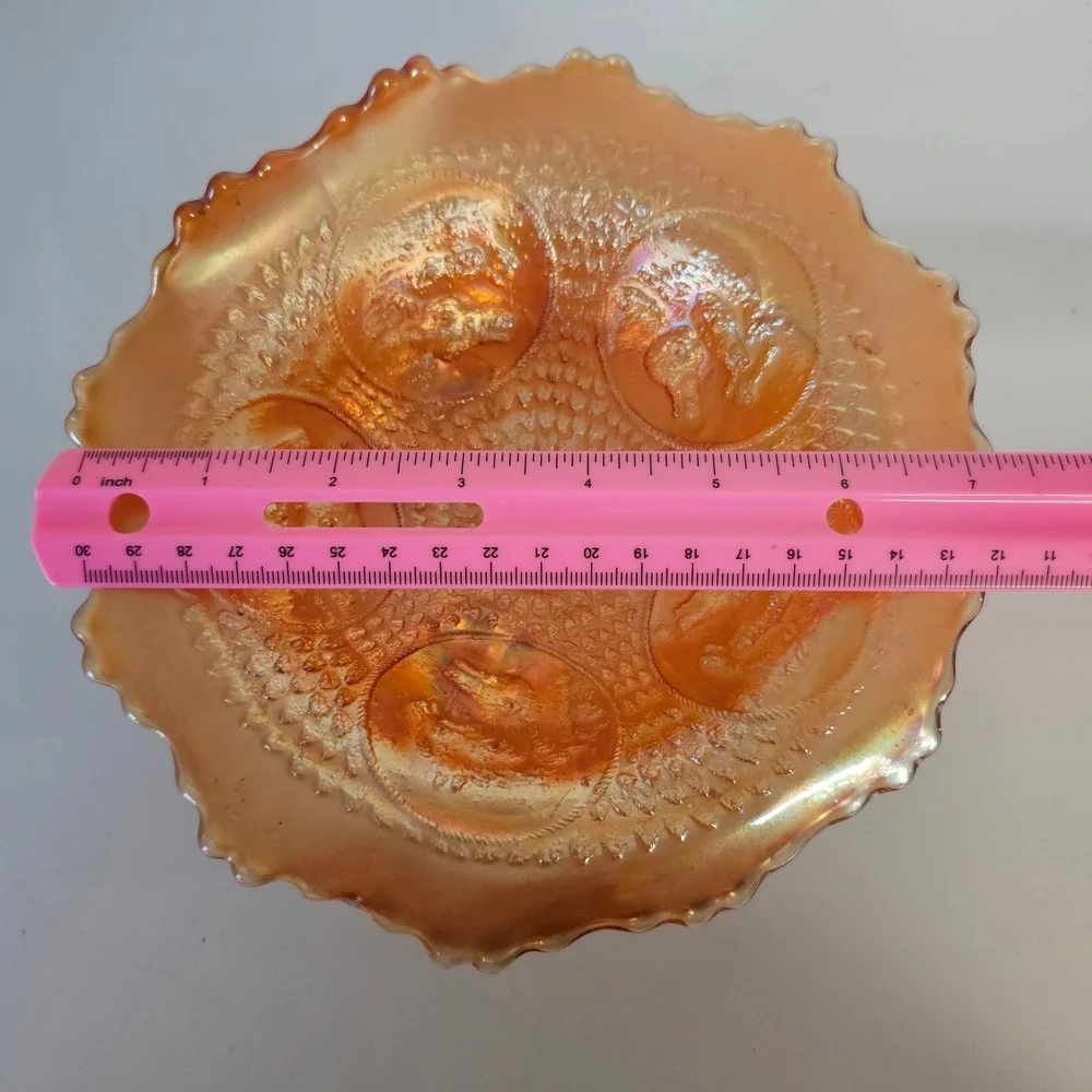 Orange Carnival Glass Footed Bowl Sunburst Horsehead Ruffled Antique Vintage‎